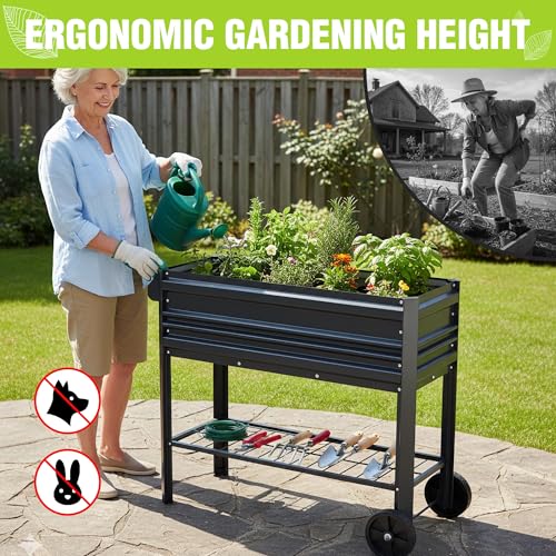 WORKPRO Galvanized Raised Garden Bed with Legs & Wheels, 37x14.6x31.6in, 400LB Capacity Elevated Planter Box for Garden, Backyard, Patio & Deck, Black
