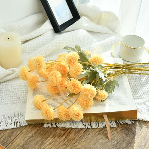 Mandy's 6 Stems Silk Yellow Kiku Ball Flowers | Artificial Chrysanthemum Stems for Home Summer Décor Realistic Faux Floral Arrangement Minimalist Elegant Style - color: Yellow