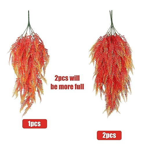 RECUTMS Artificial Hanging Plants 4Pcs Fake Boston Fern Real Touch Faux Greenery Leaves UV Resistant Plastic Ivy Vines for Patio Wall Home Garden Wedding Indoor Outdoor Decor (A-Gold) - color: Fall
