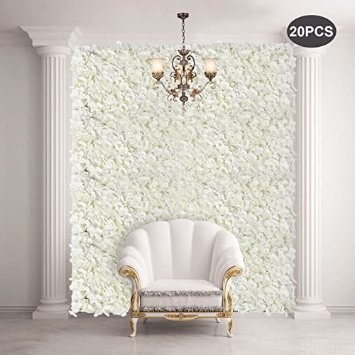 Flower Wall Panel, 20Pcs 24''x16'' White Artificial Hydrangea Flower Wall Mat Flower Wall Backdrop Artificial Silk Flowers Panel for Wedding Party Decoration - color: 20pcs White Hydrangea