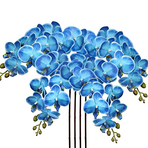 DILATATA 4 Pcs Fake Orchid Flowers 9 Large Heads of Real Touch Vivid Phalaenopsis Orchid Flower Stem 36'' Tall, Artificial Flowers Branches for Home Decor, Office House Deco-Blue Flowers - color: Blue #16
