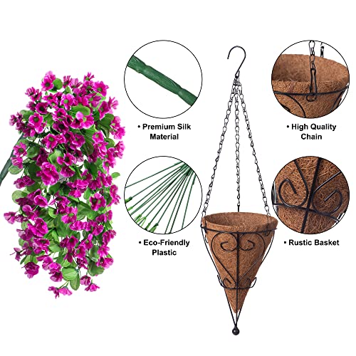 Ammyoo Artificial Hanging Flowers in 12 inch Basket, Fake Plant Silk Orchid Flower Arrangement with Coconut Lining Pot Planter for Patio Garden Porch Deck Spring Summer Decor(Light Purple) - color: Light Purple