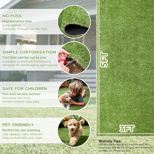 Artificial Grass Rug Indoor Outdoor, 3 x 5FT Faux Grass Turf with Drainage Holes, Realistic Artificial Lawn Rug Dog Pets Mat, Turf Carpet for Garden Lawn Landscape Balcony Patio Backyard Decor - size: 3 ft x 5 ft = 15 Square ft