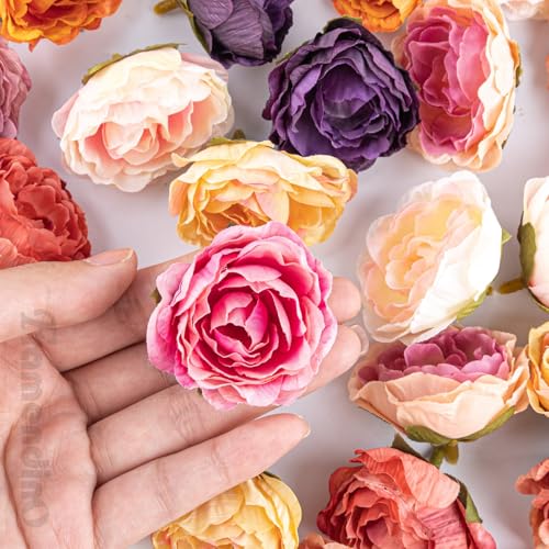 Framendino, 30 Pack Fake Roses Artificial Peony Heads Bulk Small Flowers Head Colorful Mini Peonies Silk Flower for Crafts