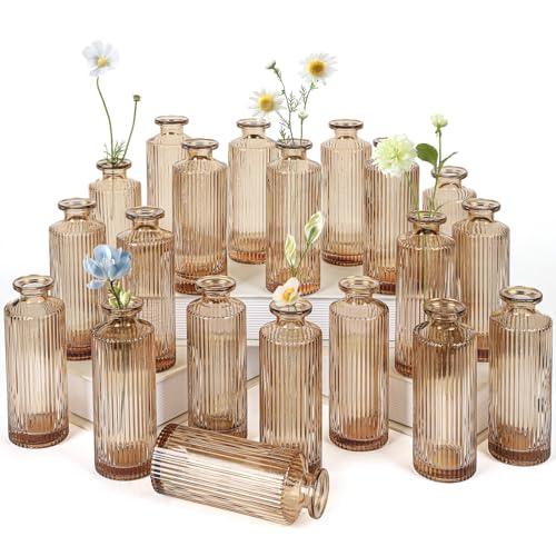 Glass Bud Vases Set of 20, Living Bud Vases, Small Bud Vase in Bulk, Mini Flowers Vases for Centerpiece, Vintage Decorative Vase Set for Table Decorations, Wedding Reception, Home Decor (Amber) - color: Amber