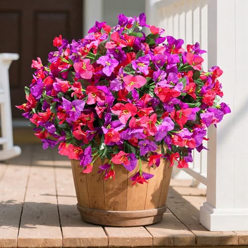 Ivydale Artificial Flowers for Outdoors Fake Bougainvillea Spring Summer Outside Decor, 4 Bundles UV Resistant Faux Flowers for Outdoor Planters Realistic Silk Plants Patio Porch Window Garden Home - color: Purple+hotpink