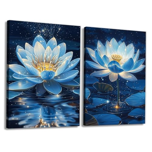 KPLUNDO Blue Lotus Floral Wall Art 2 Panel Blooming Zen Flower Pictures Print Nature Inspired Decor for Living Room Bedroom Yoga Room(Artwork-5,24"x32"x2pcs) - color: Artwork-5, size: 24"x32"x2pcs