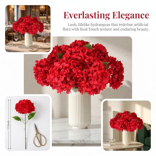 Red Hydrangea Artificial Flowers 10pcs 22" Faux Hydrangea (10, red) | Bouquets Arrangement For Home Table Centerpieces Wedding Baby Shower Birthday Party Decoration - color: Red