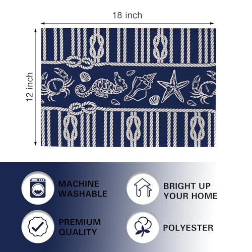 Navy Blue Nautical Placemats Set of 4, Coastal Ropes Starfish Crab Seahorse Sea Shell Conch Dining Place Mats Table Decor, Ocean Marine Life Lake Beach House Home Kitchen Decoration 12''x18'' - color: Navy Blue Nautical, size: Placemats 12''X18''