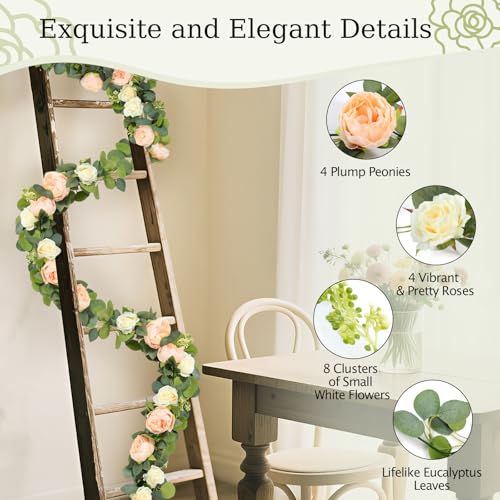 Lewondr Artificial Eucalyptus Garland with Flower - 4 Rose 4 Peony, 6FT Faux Floral Greenery Garlands Fake Flowers Vines, Maintenance-Free for Wedding Table Backdrop Party Room Decor, Mixed Champagne - color: Champagne, size: 1 Pack