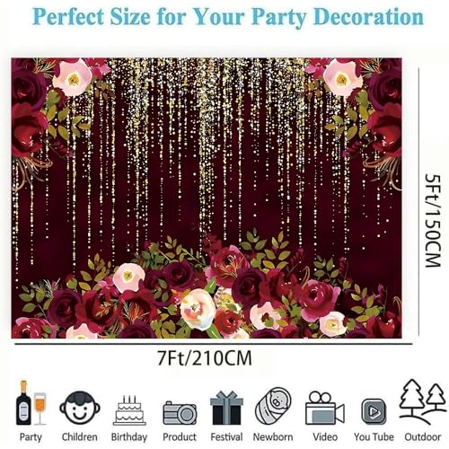 Red Rose Floral Theme Photography Backdrops Luxurious Vintage Red with Gold-Speckled Rose Backdrop Bridal Shower Wedding Anniversary Reception Ceremony Portrait Photo Booth Prop (C, 7 * 5feet) - color: C, size: 7*5feet
