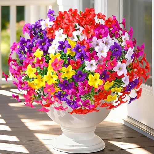 MARTINE MALL 24 Bundles Look Real Artificial Flowers for Outdoors, Realistic Fake Outdoor Flowers, UV Resistant Silk Petunia Flowers for Outside Faux Flowers for Outdoor Garden, Mixed Color - color: Mixed Color-b, size: 24 Bundles