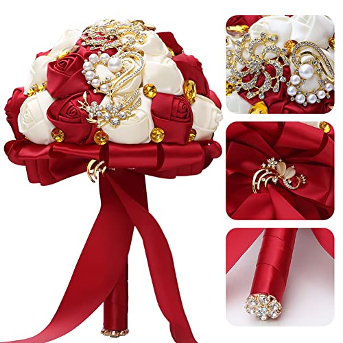 Handmade Wedding Bouquets for Bride Bridesmaid Brooch Artificial Holding Flower Tossing Bouquet（Ivory/WineRed,24cm,1PC - color: Ivory/Winered, size: 24CM/9.4''