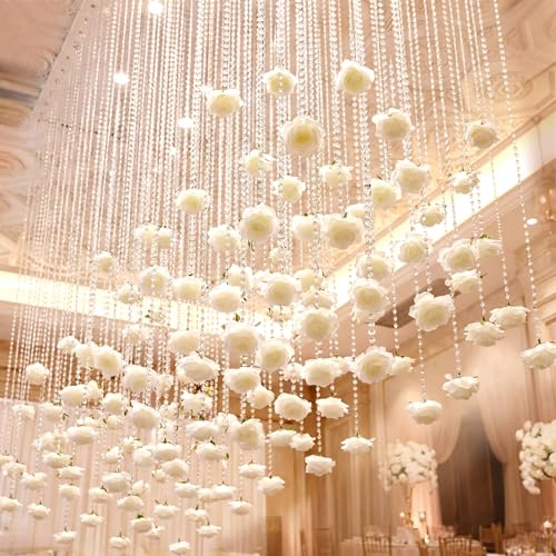 Norme 16pcs 31.4 Inch Wedding Rose Hanging Garland Crystal Beaded String Garland Artificial Rose Flower Decor for Wedding Engagement Bridal Shower Party Valentine's Day Party Decorations - color: White