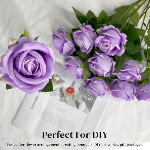 10 PCS Artificial Roses with Long Stems Silk Flowers Realistic Foam Flowers Fake Roses for Valentine's Day Home Wedding Halloween Decor(Light Purple) - color: Light Purple