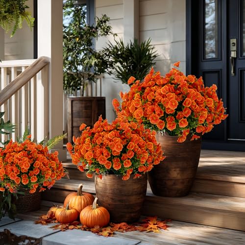 AXYLEX Artificial Fall Flowers Outdoor Fake Mums - 16 Bundles Fake Plants UV Resistant No Fade Faux Plastic Greenery Garden Morning Glory Home Decor (1, Orange) - color: Orange
