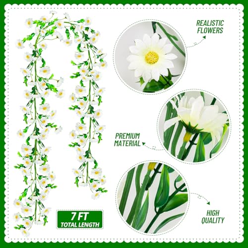 4 Pack Artificial Daisy Flowers Vine, 27.2 Ft Silky Artificial Garland with White Daisy and Vine Floral Garlands Decoration for Room Wall, Flower Themed Party, Wedding Supplies