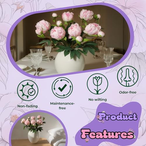 ucky 6PCS Pink Peonies Artificial Flowers, Realistic 2 Heads Silk Peonies with Stems & Buds, 17.51" Faux Peony Bouquets for Wedding Centerpieces DIY Home Table Vase Decor - color: Pink