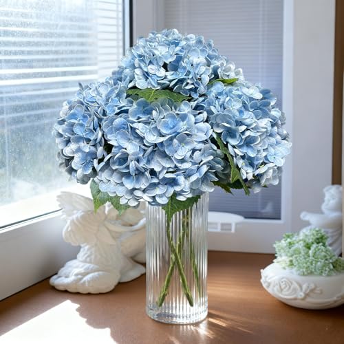 3 Pcs Real Touch Hydrangea Artificial Flowers, Pet-Safe 3D Latex Blue Hydrangeas, Faux Flowers for Wedding Centerpiece Bridal Shower Home Decor Bedroom Nightstand Baby Shower - color: Blue