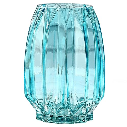 Lucky Bird Modern Ribbed Blue Glass Vase for Flowers, Candles, and Decorative Accents - Tall/Short for Centerpieces and Table Decor (H8.0inch) - color: Blue, size: H-7.87inch