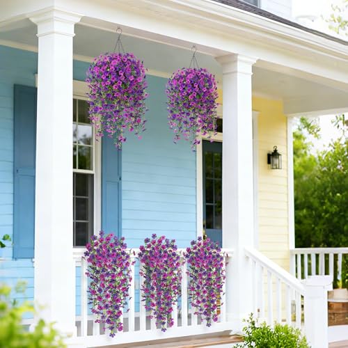 Ammyoo 2Pcs Fake Hanging Flowers for Outdoor Decoration Artificial Hanging Flowers Realistic Daisy Plants UV Resistant, Faux Silk Flower for Porch Patio Window Sill Outside Decor(Purple Deep Purple) - color: Purple Deep Purple