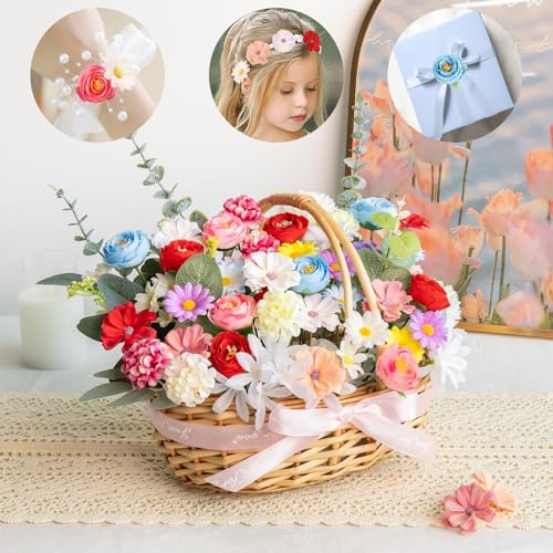 Fake Flower Heads for Crafts, 66PCS Mini Artificial Flowers Bulk, Small Silk Daisy Rose Sunflower Faux Floral Heads for DIY Hair Clips, Wedding Cake, Graduation Cap, Wreath & Party Decoration - color: Bright Colors Mixed