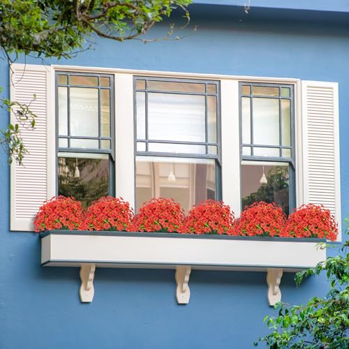 Outdoor Artificial Flowers 21 UV Resistant Bundles Fake Flower Plastic Plants Faux Silk Flowers Porch Hanging Garden Porch Window Box Decorating (Red) - color: Red