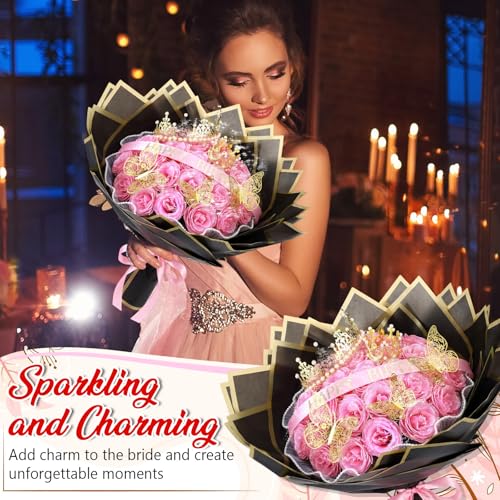 Thiccywoov 36 Pcs Glitter Roses Bouquet Graduation Artificial Rose DIY Flower Bouquet Kit Flower Wrapping Paper 3D Butterflies Crowns for Mom Mother Teacher Birthday (Pink-A) - color: Pink-a