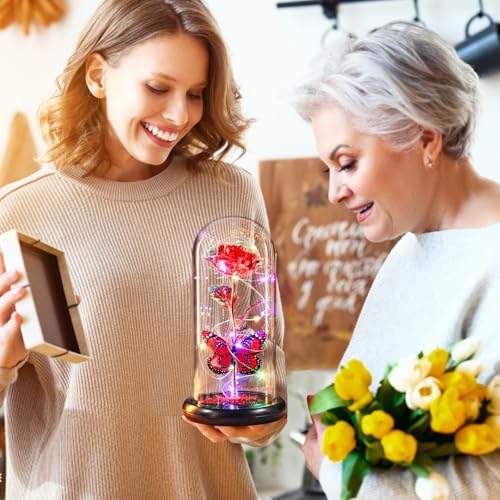 Gifts for Mom Birthday Gifts for Women Red Rose Eternal Flower Light Up Rose in Glass Dome with Butterfly, Galaxy Crystal Flowers Gifts for Grandma Wife Daughter Her Delivery Prime - color: Rose Red