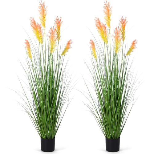 Thiccywoov 2 Pack 5 ft Tall Artificial Grass Plant Outdoor Faux Pampas Grass Potted Ornamental Plant UV Resistant Boho Fake Greenery Shrubs for Housewarming Patio Porch Entryway Balcony Indoor Decor - size: 5 ft