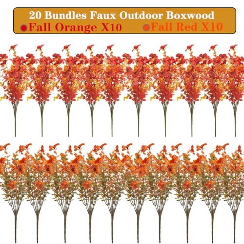 Grunyia 20 Bundles UV Resistant Artificial Fall Flowers Outdoor - Fake Autumn Plants for Thanksgiving Porch, Pumpkin Decor | All-Weather Faux Eucalyptus & Daisy (Fall Mix) - color: Fall Mix