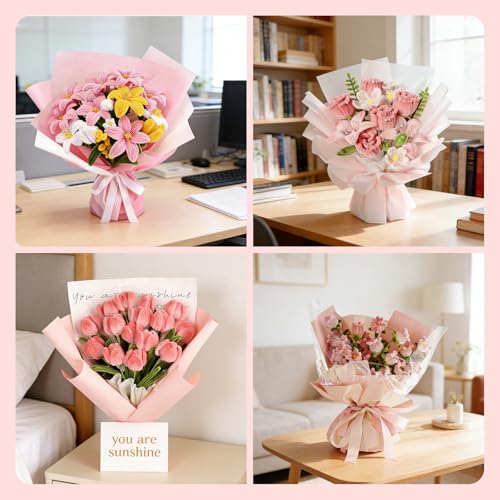 500PCS Pipe Cleaner Flower Kit,Bulk Pipe Cleaners Craft,Chenille Stems with Wrapping Paper for Mother's Day Graduation Birthday Wedding - color: Pink