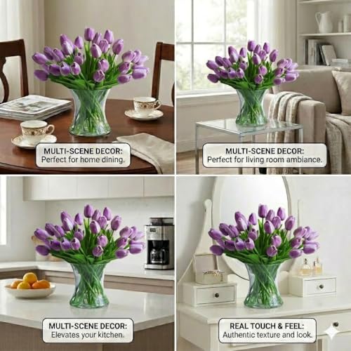 Real Touch Artificial Tulips with Glass Vase and Acrylic Water, 40 Pcs Fake Tulip Flowers Bouquet for Home Office Decor, Silk Flowers Arrangements for Dining Table Wedding Centerpiece (Purple) - color: Purple