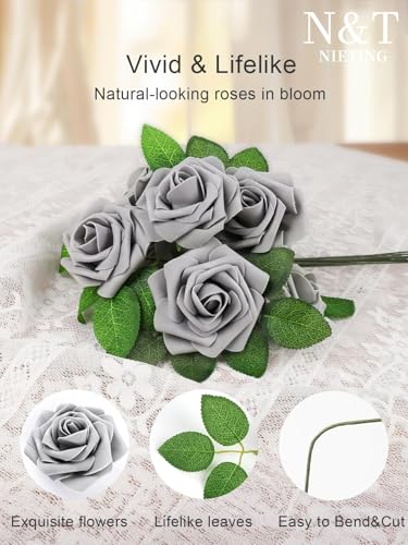 N&T NIETING Artificial Rose,25pcs Real Touch Fake Flowers Rose with Stems for DIY Wedding Bridesmaid Bridal Bouquets Centerpieces Home Arrangement Cake Decoration Home Display,Gray - color: Grey, size: 25pcs