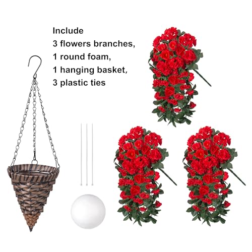 Artificial Geraniums Fake Hanging Flowers Plants Basket for Outdoors Spring Summer Outdoor Decor, 3PCS Faux Silk Geraniums Vines in Planter Realistic UV Resistant for Outside Balcony Patio Porch Home - color: Red