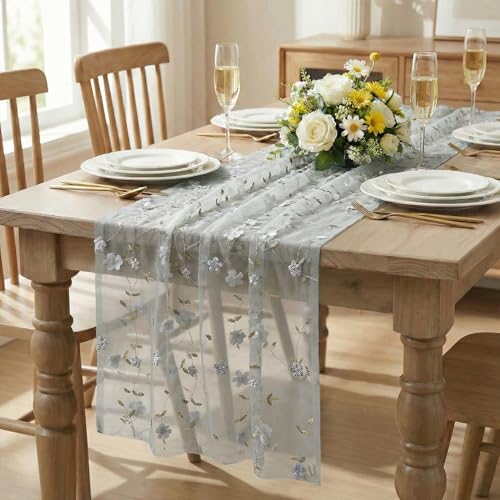 Artoid Mode 3D Flower Dusty Blue Gauze Embroidery Table Runner 120 Inch 10FT, Tulle Seasonal Spring Kitchen Dining Holiday Table Decor for Home Party - color: Dusty Blue