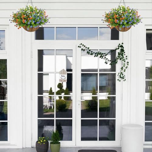 NETAP Artificial Hanging Flowers Basket for Outdoor, 16 Fake Flowers Look Real UV Resistant, Faux Hanging Plants for Porch, Balcony, Patio, Garden, Spring Summer Decor,MixA - color: Mixa