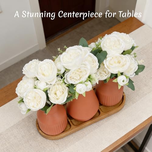 Flower Table Centerpiece - Dining Table Centerpiece Decor Set of 3 Fake Peonies in Ceramic Vases & Wood Tray Modern for Kitchen Island Living Room Coffee Table Home Decor (White) - color: White