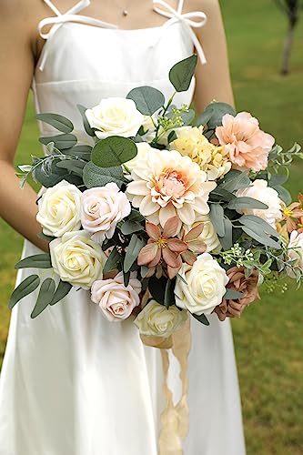 Nude Color Artificial Flowers Set - Fake Roses, Peonies, Dahlia, Silk Flowers with Stems for DIY Wedding Bouquets,Floral Arrangement,Table Centerpieces,Baby Shower, Home Decor - color: Champagne