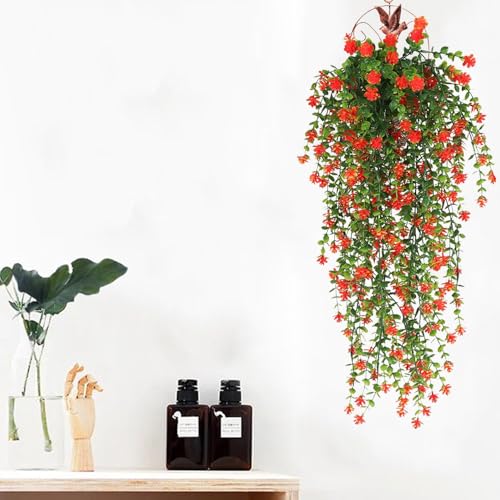 Artificial Hanging Flowers for Outdoor Indoor Decor, 6 Packs Fake Eucalyptus Vine Faux Flower Greenery Garland Plastic Plants Outside UV Resistant Wall Garden Wedding Home Party Decor (Orange) - color: Orange