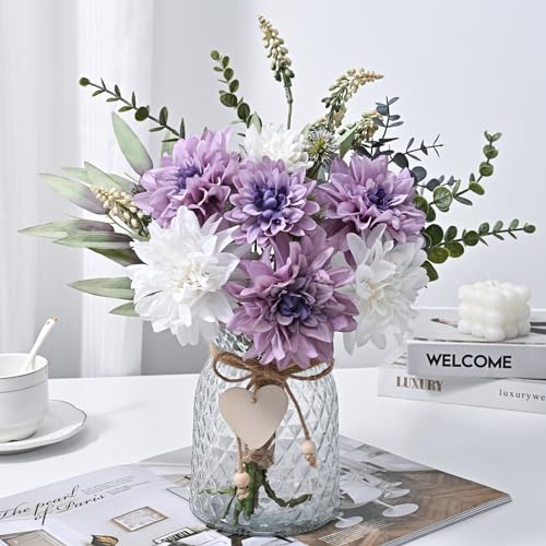 MARTINE MALL Fake Flowers in Vase, Faux Flowers in Vase, Dahlia Artificial Flowers in Vase Centerpiece Table Decorations Artificial Flower Arrangement for Home Dining Room Office Farmhouse - color: Purple Dahlia