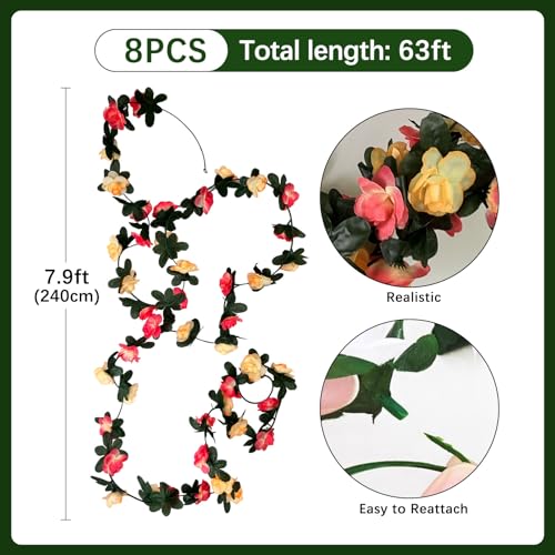 8Pcs 63Ft Pink Yellow Rose Garland, Fake Flower Vines, Artificial Vine Flowers, Rose Hanging Garland for Party Wedding, Garden, Room Table, Christmas, Backdrop Wall Arch Decor - color: Pink Yellow, size: 8Pcs-63Ft