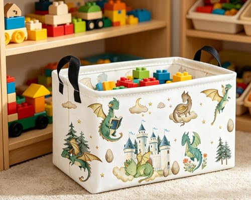 Essme Rectangular Kids Baskets,Dinosaur Storage Box,Cute Basket for Kids with Handles for Room Decor, Book Bins,Shelf Basket.（Castle Dinosaurs - color: Castle Dinosaurs
