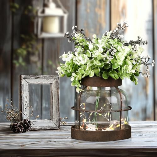 Farmhouse Rustic Vintage Primitive Glass Vases Lantern with Lights Green Artificial Eucalyptus Fake Plants Home Decor Centerpiece for Coffee Office Dining Table Shelf Desk Counter Kitchen Bathroom