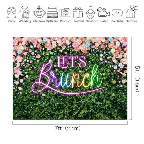 Riyidecor Green Leaves Let's Brunch Backdrop Polyester Fabric Neon Pink Rainbow Floral 7Wx5H Feet Greenery Photography Background Grass Lawn Women Brunch Party Photo Studio Shoot - color: A-Green Brunch, size: 7Wx5H