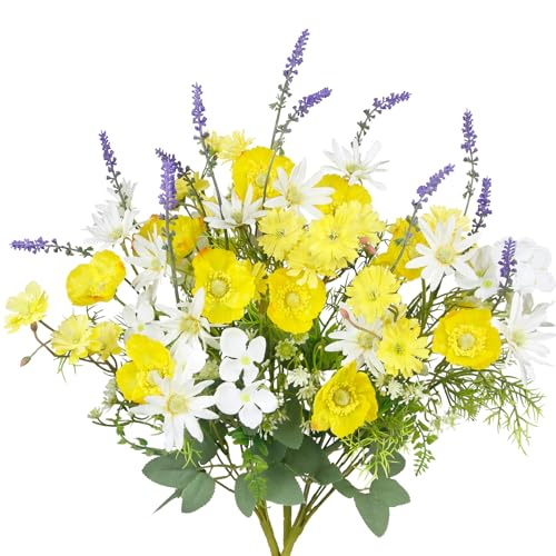 CISDUEO 3Pcs Artificial Wildflowers Flowers Silk Spring Floral Stems Arrangement Yellow Poppies Flowers Daisies and Lavender Faux Wild Flower for Party Indoor Home Vase Wedding Table Summer Decoration - color: Yellow, Purple, Green