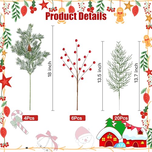 Sggvecsy 30 Pcs Artificial Pine Branches Fake Greenery Pine Picks with Pine Cones Artificial Red Berry Branches Christmas Pine Needles for DIY Wreath Xmas Embellishing Flower Arrangements Decoration