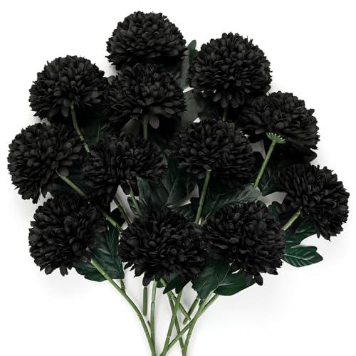 Briful 12 Pcs Artificial Black Chrysanthemum Stems – 11” Tall Silk Mums Flower Heads with Green Leaves, Flexible Stems for Fall Floral Pick Arrangements, Home, Wedding & Seasonal Decorations - color: 3.5'' Dia. 12pcs Black
