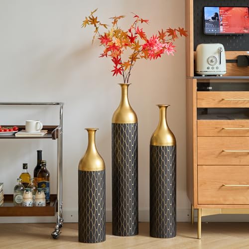 Tall Black and Gold Floor Vases - 34in Large Metal Floor Vase Decorative Tall - Set of 3 Modern Big Standing Vases for Living Room Dining Bedroom Home Corner Hallway Indoor Office - color: Floor Vases Black Gold