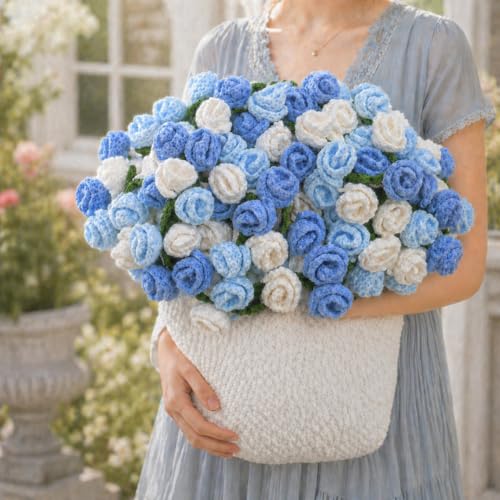 Crochet Flower Bouquet Throw Blanket, Cute Romantic Gift for Her Girlfriend Mom Mother’s Day Valentine Wedding Anniversary Birthday (Blue, 32 inches) - color: Blue, size: 32 inches